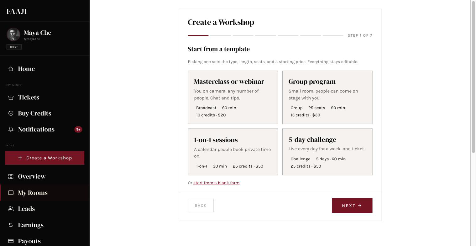 Dashboard sidebar with "Create a Workshop" highlighted, then the type picker with Broadcast selected