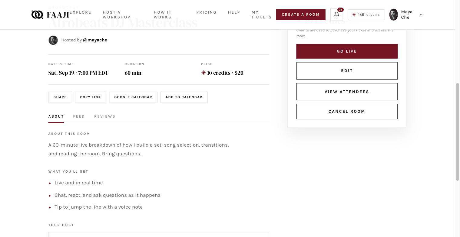 The public workshop page with the Get Tickets button and the share buttons